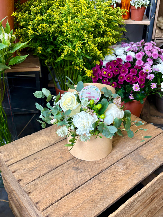 Boîte fleurie rose avalanche poivrons blanche œillet eucalyptus lilas des mers